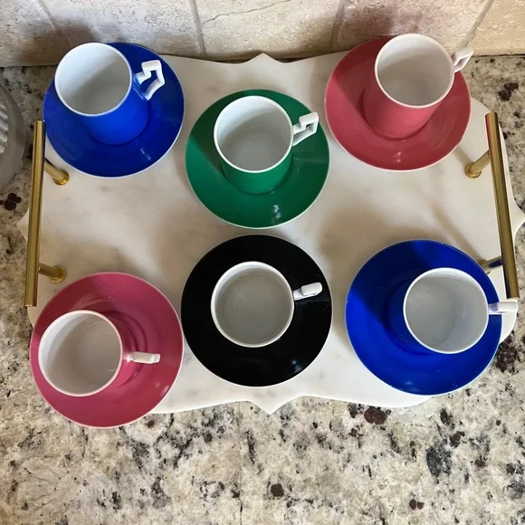 Very Rare Set of 1930's Signed Rudolf Kämpf. Colorful Espresso Fine China Cups - Picture 7 of 12